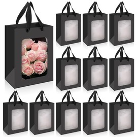 Bakbania 12 Pack Gift Bags with Transparent Window 9.8 x 7.1 x 5.1 Inch Paper Kraft Bags with Handles Gift Wrap Tote Bags Goods Bags for Weddings, Valentine's Day Party Supplies