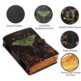 Blank Spell Book of Shadows Journal with Lock Clasp Vintage Handmade Leather Luna Moths and Morpho Butterfly Print Diary Prayer Pagan Witchcraft Supplies Wiccan Decor notebook daily (8x6 Inch)