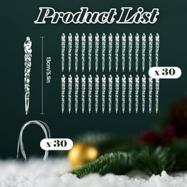 VOPIWOZ Pack of 30 Icicle Christmas Tree Decoration, Acrylic Pendant Christmas Icicle Hanging with Silver Christmas Rope, Suitable for Christmas Decoration, Winter Decoration, Wedding Decoration