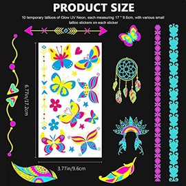 HASTHIP® 10 Hojas Tatuajes Temporales Luminosos en la Oscuridad,Pegatinas UV Neón Impermeables para Cuerpo y Rostro,Diseños Variados Geométricos y Div