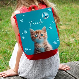 Striefchen® Red Children's Backpack with Cute Cat Baby Motif and Name of Choice, red