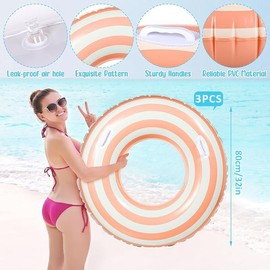 Xinghonyac Inflatable Pool Tubes with Handles - 3Pcs 30"x14" Striped Swim Rings (Orange/Green/Blue) for Summer Pool & Beach, Retro Float Loungers