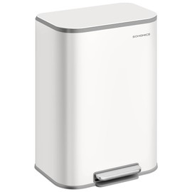 SONGMICS Kitchen Trash Can, 13-Gallon (50 L) Garbage Can with Lid, Stainless Steel, Soft Close and Stays Open, Inner Bucket, Wide Non-Slip Pedal, Cloud White ULTB547W01