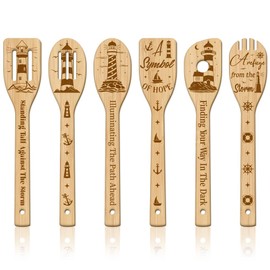 GLOBLELAND 6Pcs Summer Lighthouse Bamboo Cooking Utensils Seagull Wooden Engraved Cooking Spoons Set Carving Kitchen Bamboo Spatula Set Wood Cooking Spoon for Kitchen House Warming Gift