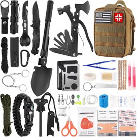 Survival Kit and First Aid Kit, 142Pcs Professional Survival Gear and Equipment with Molle Pouch, for Men Dad Husband Who Likes Camping Outdoor Adventure (Khaki)