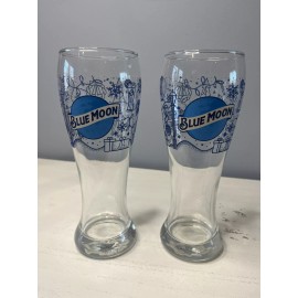 Blue Moon Lot of 2 Blue Moon Holiday HTF  16 oz Pilsner Glasses barware man cave beer new