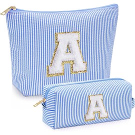 Juego de 2 piezas Neceser Mujer para el Maquillaje - Alfabeto de la Cosmetiquera Para Maquillaje, Tela Duradera Estuche de Maquillaje, Ideal Festival de Regalo para Monther, Hija, Novia (A, azul)