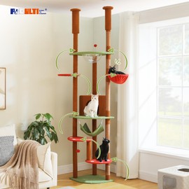 PEQULTI Floor to Ceiling Cat Tree 92.9’’-101.6’’ Height Adjustable Mushroom Cat Tower Tall Climbing Play House with Scratching Posts, Cozy Condo, Perches and Large Hammock for Indoor Cats Brown