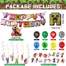 Pack of 55 Birthday Decoration Boys Miner Gamer Birthday Decoration, Video Games Children's Birthday Decoration Party Accessories, Includes Happy Birthday Banner, Cupcake Topper, Balloons, Hanging