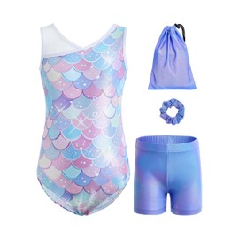 Tstiti Girls Gymnastics Leotard 4-Piece Outfit with Storage Bag Scrunchie & Shorts Dance Set for Toddler/Kids 3-12 Years Fish Scale Color 11-12 Years