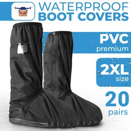 EZGOODZ Waterproof Shoe Covers Reusable 2X-Large, 13.2 Inch Long, 16.1 Inch High, Pack of 40 Black PVC Tear-Resistant Non Slip Shoe Covers for Rain with Side Zip, Buttons, Rubber Soil, Elastic Straps