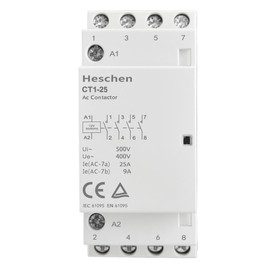 Heschen Household AC Contactor, CT1-25, Ie 25A, 4 Pole Four Normally Open, AC 12V Coil Voltage, 35 mm DIN Rail Mount