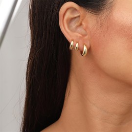 3 Pairs Gold Hoop Earrings for Women,Chunky Gold Silver Small Hoop Earrings Trendy Huggie Hoop Earirgs Fashion Thick Statement Earrings Jewelry (Gold)