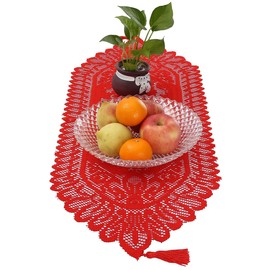 KYEYGWO Red Hollow Lace Table Runner with Vintage Floral Pattern, Elegant Macrame Tablecloth, Boho Table Linen with Tassels, Country House Style Tablecloth for Dining Table Decoration, Wedding,