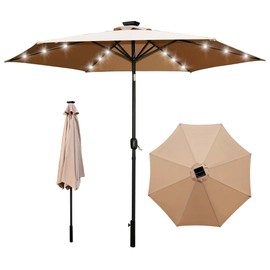 SereneLifeHome 10ft Patio Table Umbrella, 6 Sturdy Ribs with Push Button Tilt and Solar LED Lights, Easy Close Open Crank, Outdoor Furniture for Garden Lawn Deck Pool Beach, Weatherproof Fabric