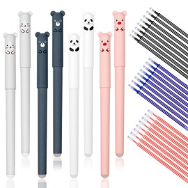 Erasable Pens, 8pcs Rub Out Pens with 24pcs Refills, 0.35mm Erasable Gel Pens, Cartoon Erasable Rollerball Pen Set for Students Adults Stationery School Office Supplies (Black, Blue, Red)…