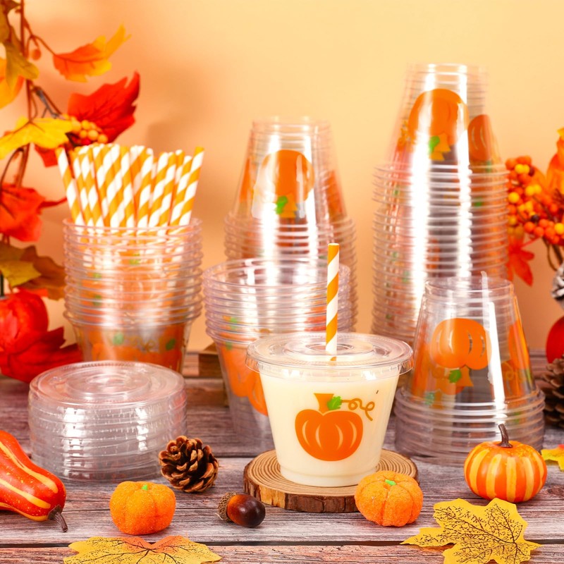 100Pcs Fall Pumpkin Disposable Plastic Cups with Lids and Straws