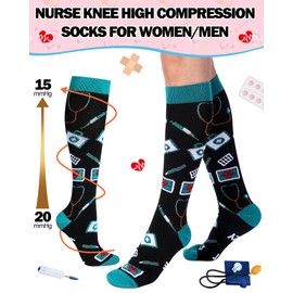 Breathffy 6 Pairs Funny Nurse Compression Socks for Women Medical Support Knee High Socks Circulcation 15-20 Mmhg Fun Novelty Nursing Socks Nurse Assistant Appreciation Gift for Running Work