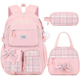 Bevalsa Backpack for Gilrs, School Bags for Kids with Lunch Bag & Pen Case, Bow Plaid Bookbag for Girls Children Teens for Elementary Middle High school College Student with USB Charging Port (Pink)