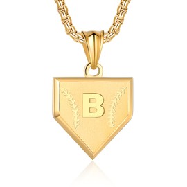 Initial A-Z Necklace for Boys Stainless Steel Letter Shield Pendant Box Chain 22+2 inch Inspirational Baseball Home Plate Necklace Baseball Jewelry Gift for Men(G-B) Over 18 years old