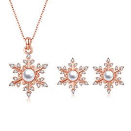 Kamise Xmas Women's Jewellery Sets, 925 Sterling Silver Snowflake Pendant Necklace & Stud Earrings with Pearl Zirconia, Rosegold Christmas Jewellery Set for Winter Christmas Birthday with Gift Box