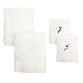 Super Soft Thick Embroidered White Turkish Cotton Bath Towel Set of 2 with Monogrammed Purple Script J | Looped Terry Cloth Finish Extra Absorbent Quick Dry Luxury Kitchen Spa Bath Hand Towel
