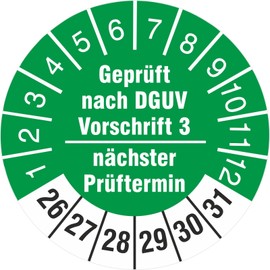 50 pieces next test date tested according to DGUV regulations, 3 test labels, test badges, 18 mm, round, 2026-31