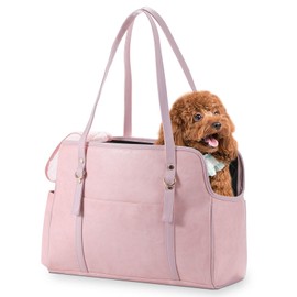 Lasaviin Dog Carrier Purse, Fashion Leather Pet Carrier with Pockets, Airline Approved Soft Sided Dog Carrying Bag for Puppy Cat Dog Pink