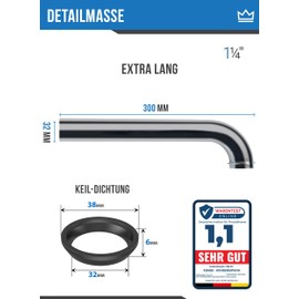 FEINER® Premium Universal Siphon Outlet Pipe 90° Extra Long - 1 1/4" (Diameter 32mm) x 300mm Universal Fits Siphons and Wall Pipes Includes Free Wedge Seal