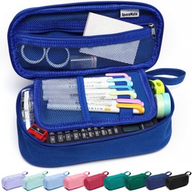 SPACEMATE Pencil Case Pouch Box Bag School Supplies Girls Boys Kids, Cute Preppy Stuff Large Big Capacity Aesthetic Pen Organizer, Back to College Stationary, Sapphire Blue, Heavy Duty Canvas, 1800ml