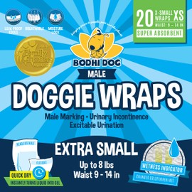 Bodhi Dog Disposable Male Dog Diapers - Super Absorbent, Leak-Proof Pee Wraps - Adjustable Fit, Comfortable Design, Advanced Moisture Control, and Wetness Indicator - Extra Small (20 Count)