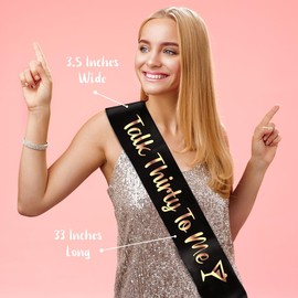 PartyForever 30th Birthday Party Decorations Talk Thirty to Me Black Sash with Rose Gold Letters
