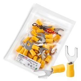 Chanzon UL Listed Insulated Fork Terminals M8 5/16" inch U-Type - 12-10AWG - Crimp Connectors Electrical Wire Yellow PVC Brass Copper - 30pcs Pack