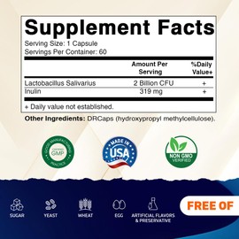 Vitamatic Lactobacillus Salivarius 2 Billion per DR Capsule - 60 Count - Digestive Support - Made with Prebiotic Inulin Fiber (1 Bottle)