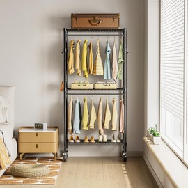 Simple Deluxe Rolling Clothes Rack, Heavy Duty Clothing Rack, 3-Shelf Portable Adjustable Wardrobe Closet with Wheels, Hanging Rods & Side Hooks, 29.5" W x 15.7" D x 75.6" H, Black