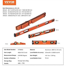 Magnetic Torpedo Level, 78/48/32/24/16/10 in Mechanical Level Set, Bubble Vials Ruler for 45/90/180 Degree, Aluminum Alloy Leveler Tool w/ Viewing Window, Shock-Resistant for Plumbing, Wood - kind: Set 4 of 48/24/16/10