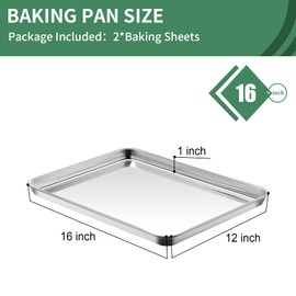 Baking Sheets Set of 2, HKJ Chef Cookie Sheets 2 Pieces & Stainless Steel Baking Pans & Toaster Oven Tray Pans, Rectangle Size 16 x 12 x 1 inch, Non Toxic & Healthy & Easy to Clean