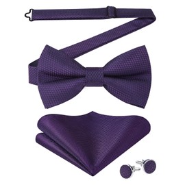 Enlision Mens Purple Bow Tie and Pocket Square Cufflinks Set Pre-tied Adjustable Bow Tie Solid Color BowTie Handkerchief for Party Wedding