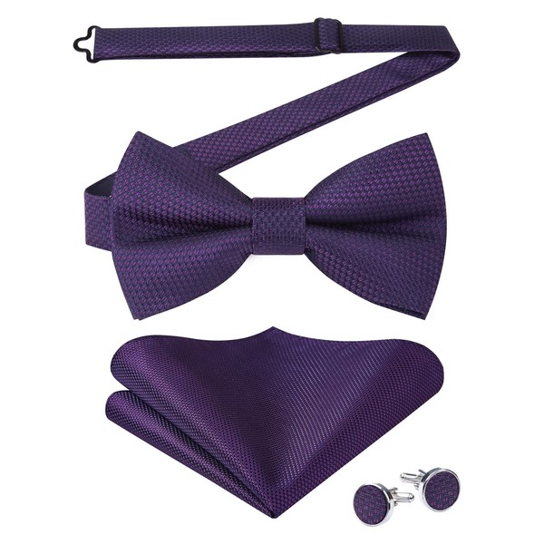 Enlision Mens Purple Bow Tie and Pocket Square Cufflinks Set