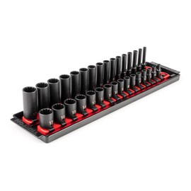TEKTON 1/4 Inch Drive 12-Point Impact Socket Set with Rails and Tray, 32-Piece (4-17 mm) | SID90204