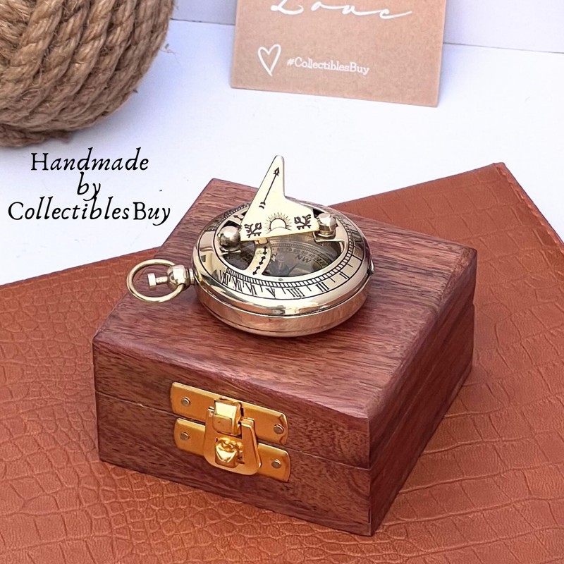 Marine Sundial Compass with Nautical Solid Wooden Box Vintage Brass
