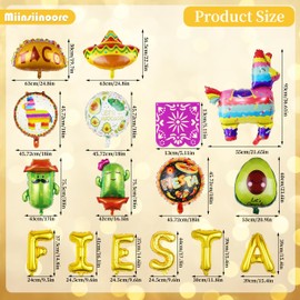 11 Pcs Mexican Fiesta Party Decorations, 1 Pcs Mexican Party Banners and 10 Pcs Fiesta Balloons, Cinco de Mayo Taco Llama Cactus Avocado Chili Pepper Foil Balloons for Cinco de Mayo Decorations