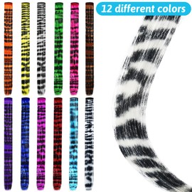 12 Pcs Leopard Print Hair Extensions Clip 18Inch Straight Synthetic Hairpieces Full Set, Colorful Striped Hair Extensions for Women, Party Cosplay Halloween Daily Wear Accessories