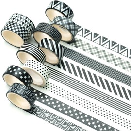 YUBBAEX 10 Rolls Black & White Washi Tape Set Basic Patterns Masking Dots Grid Decorative Tapes