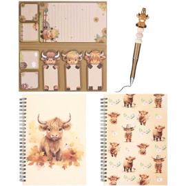 8 Packs Lovely Sticky Notes, 336 Sheets 8 Design Mutifunctional Self-Adhesive Animal Sticky Note Pads for Birthday Gift School Office Party Favors (Highland Cow Sticky Notes,Pen and Notebook)