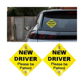 KHGUZ 2PCS New Driver Car Sign, 5 x 5 Inch Please Be Patient Vehicle Window Sign Stickers with Suction Cups, Safety Warning Automotive Decal for Beginners Driving Learner, Universal Fit (Style 2)