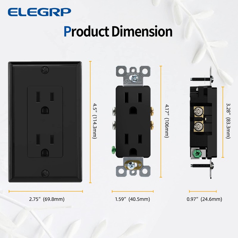 ELEGRP Decorator Receptacle, 15A 125V Standard Electrical Wall Outlet, 2