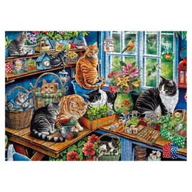 Cat Gardening Cabin Puzzle for Adults 1000 Pieces, Flower Plant Jigsaw Puzzle, Cute Kitten Garden Puzzle