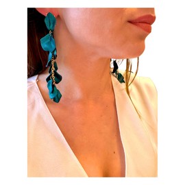 ONDEGO® XXL Grün GOLD Blüten Blume lange Ohrringe Ohrstecker Statemant Ohrstecker Creolen Statement-Ohrhänger, türkisfarbenes Blütenblatt-Design, goldenes Kettenglied, lange Tropfen
