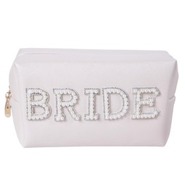 Preppy Patch Makeup Bag,Travel Cosmetic Bags PU Leather Portable Waterproof Toiletry Storage Case with Chenille Letter Zipper Daily Use Pouch for Women,Pearl Beige Bride